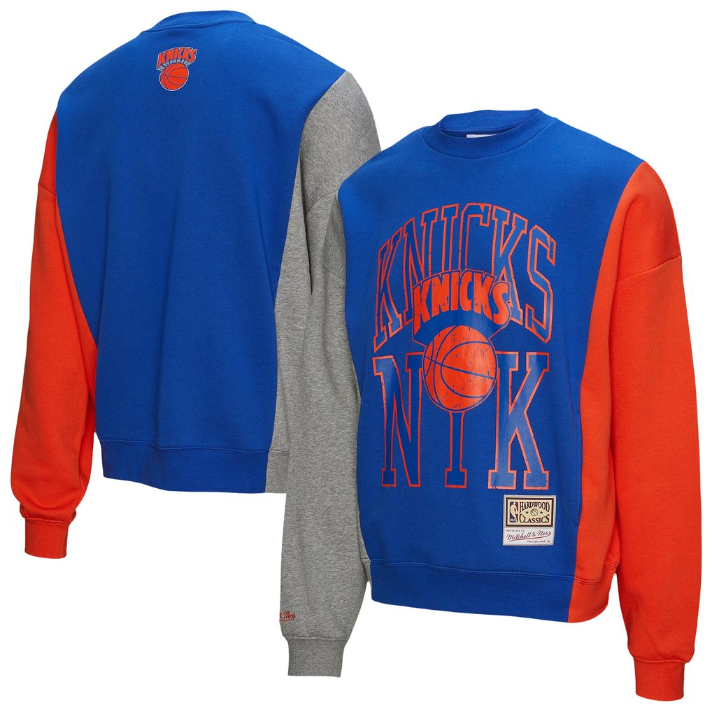 New York Knicks Mitchell & Ness Unisex Hardwood Classics Split 3 Pullover Sweatshirt - Blue